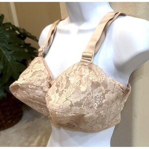 Vtg New 32I LADY CAMEO Floral Bullet BRA Beige Lace Torpedo Cone Wireless USA